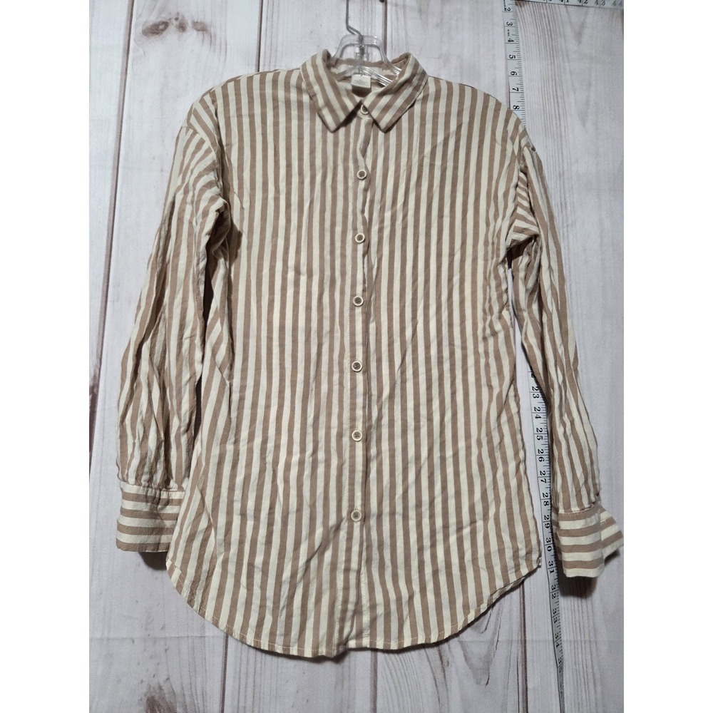 Passport Women Tan White Striped Button Up Shirt Crochet Lace Back XS